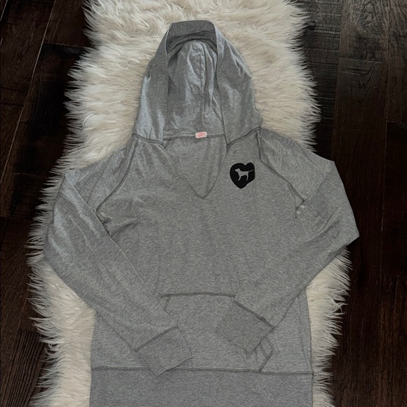 PINK Victoria's Secret Tops - Gray Pink Victoria's Secret Lightweight Hoodie with Heart Logo